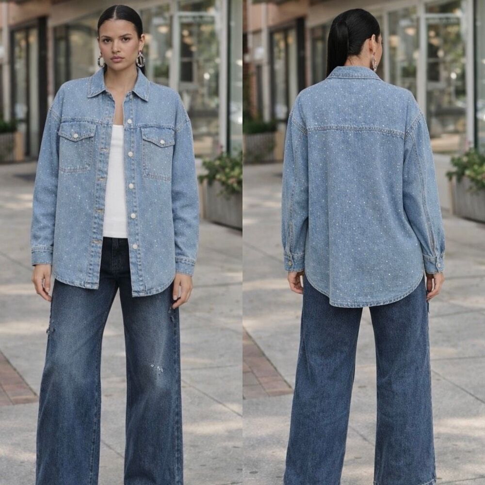 Avec Les Filles Rhinestone Denim Shacket Size L Embellished Button Front - Picture 11 of 12